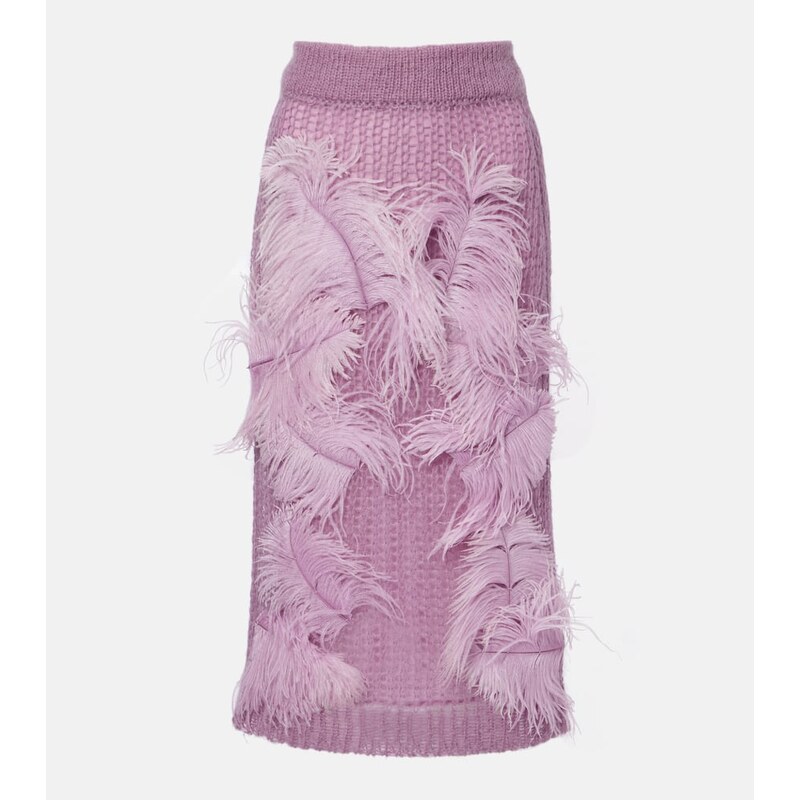 The Attico Feather-trimmed knitted midi skirt