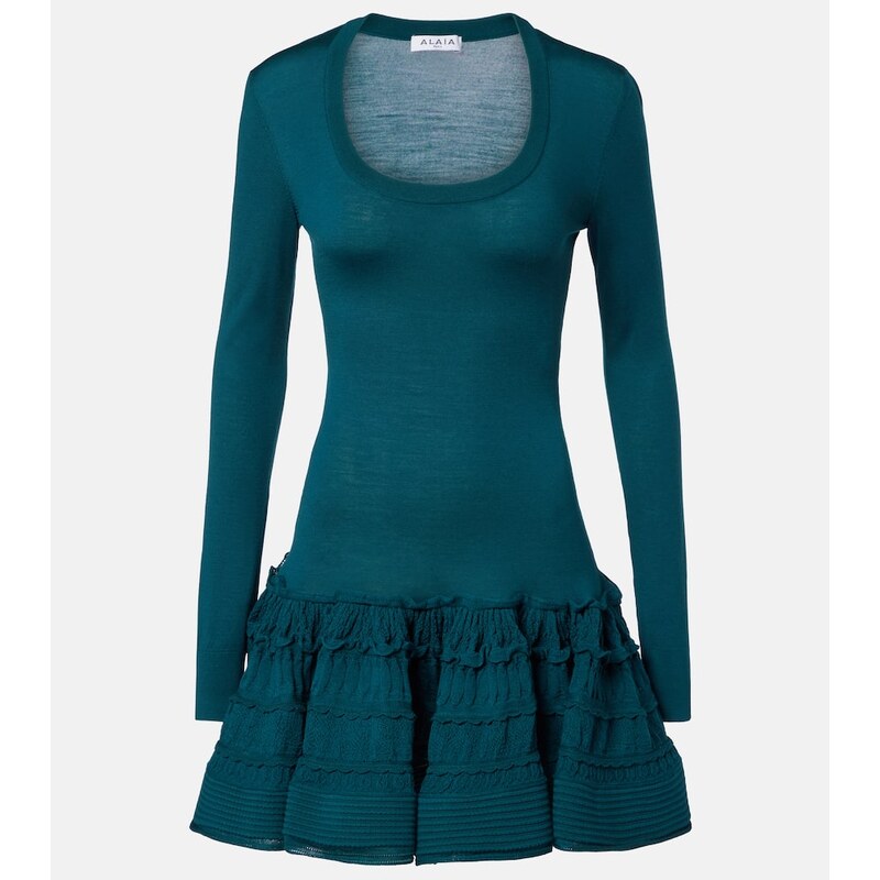 Alaïa ruffled wool-blend minidress v barvě Vert Petrole
