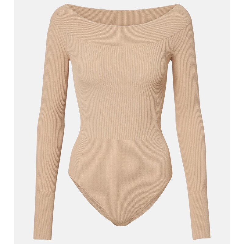 Alaia AlaÃ¯a Ribbed-knit off-shoulder bodysuit