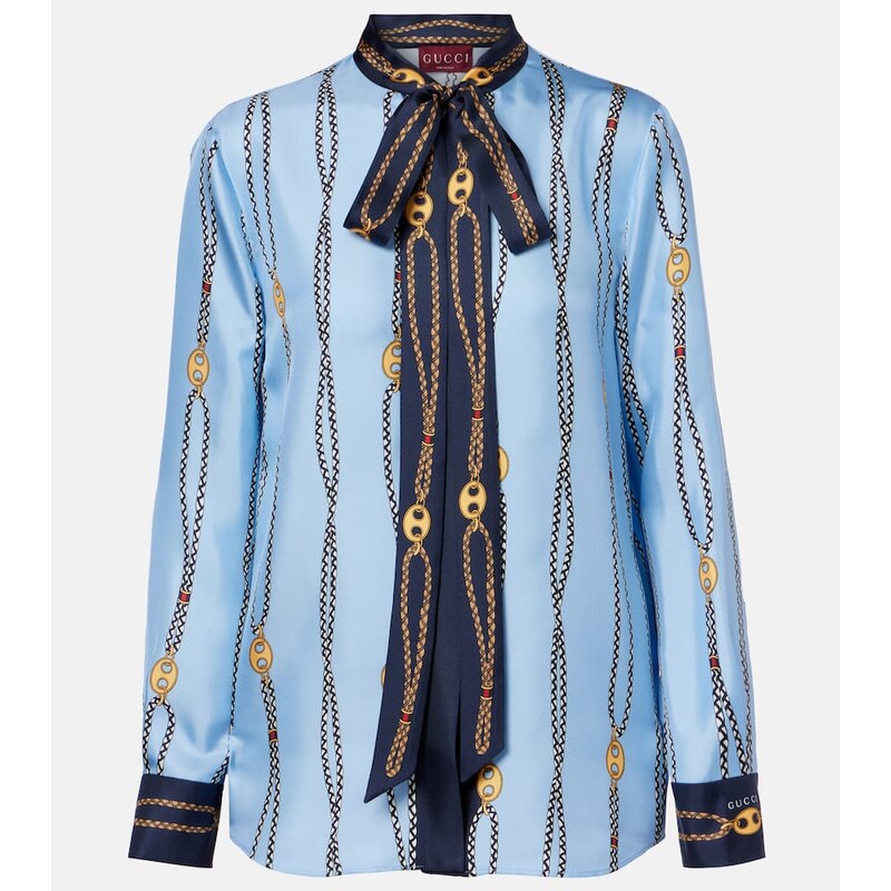 Gucci Printed tie-neck silk twill shirt