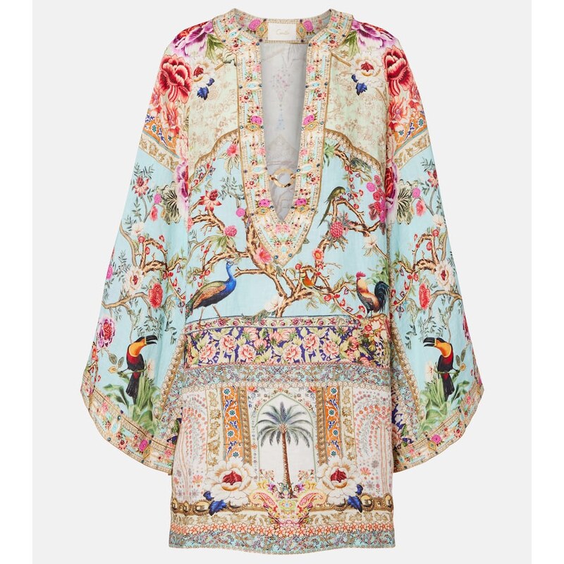 Camilla Embellished printed ring-detail linen kaftan