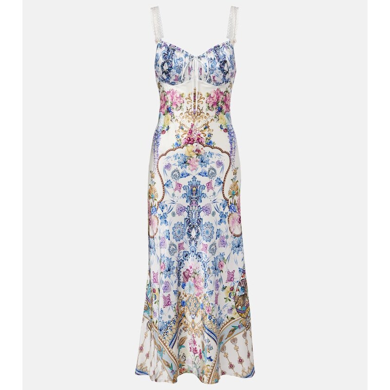 Camilla Embellished printed silk satin midi dress