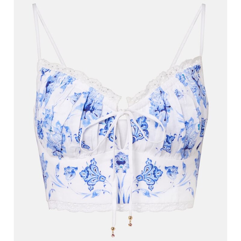 Camilla Printed lace-trimmed linen bra top