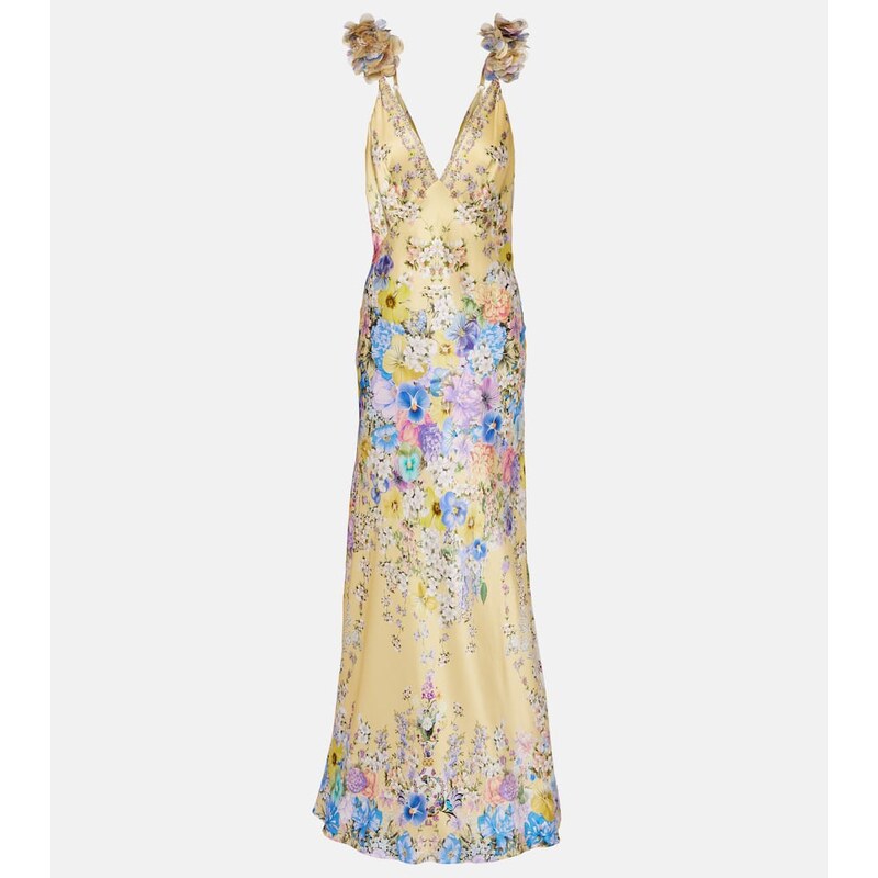 Camilla Embellished floral ruffled silk satin maxi dress