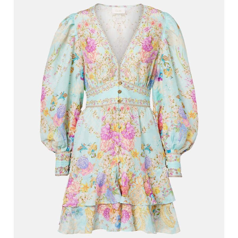 Camilla Embellished floral linen and silk minidress