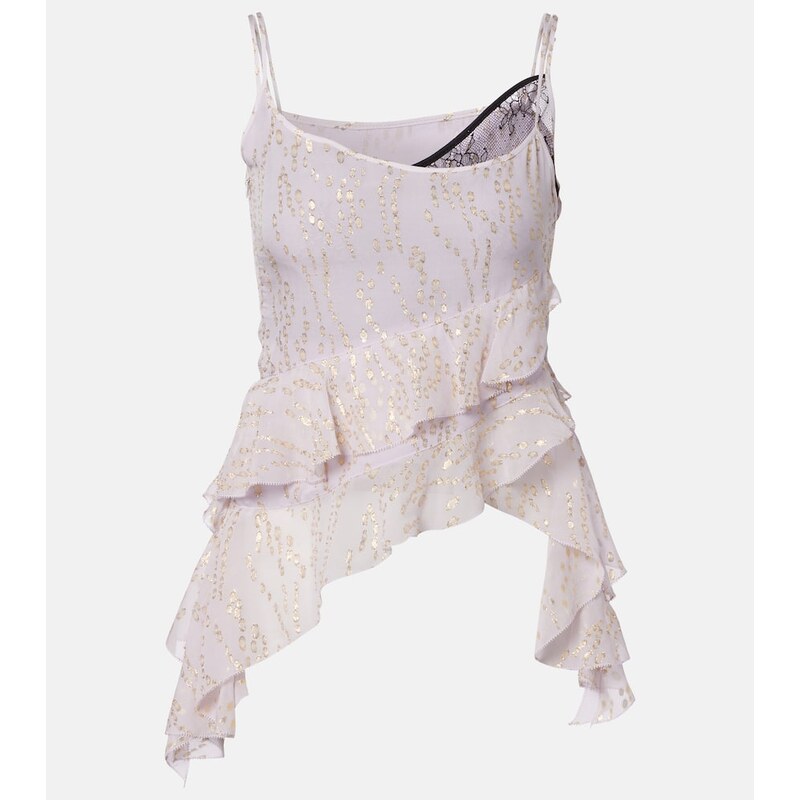 Jacques Wei Printed ruffled asymmetric silk-blend top