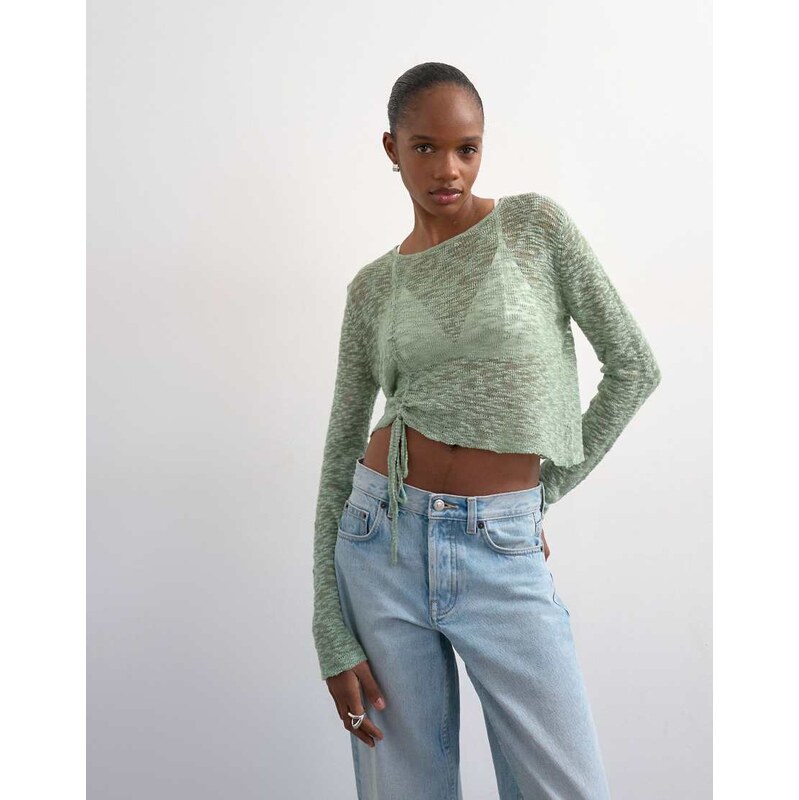 Topshop knitted fine long sleeve ruched top in sage-Green