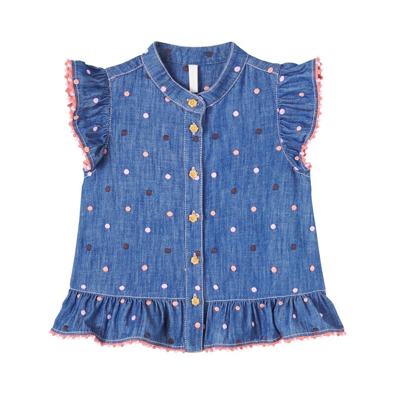 Zimmermann Kids Embroidered polka-dot ruffled denim top