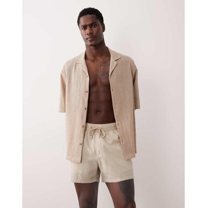 ASOS DESIGN seersucker swim shorts in short length in beige