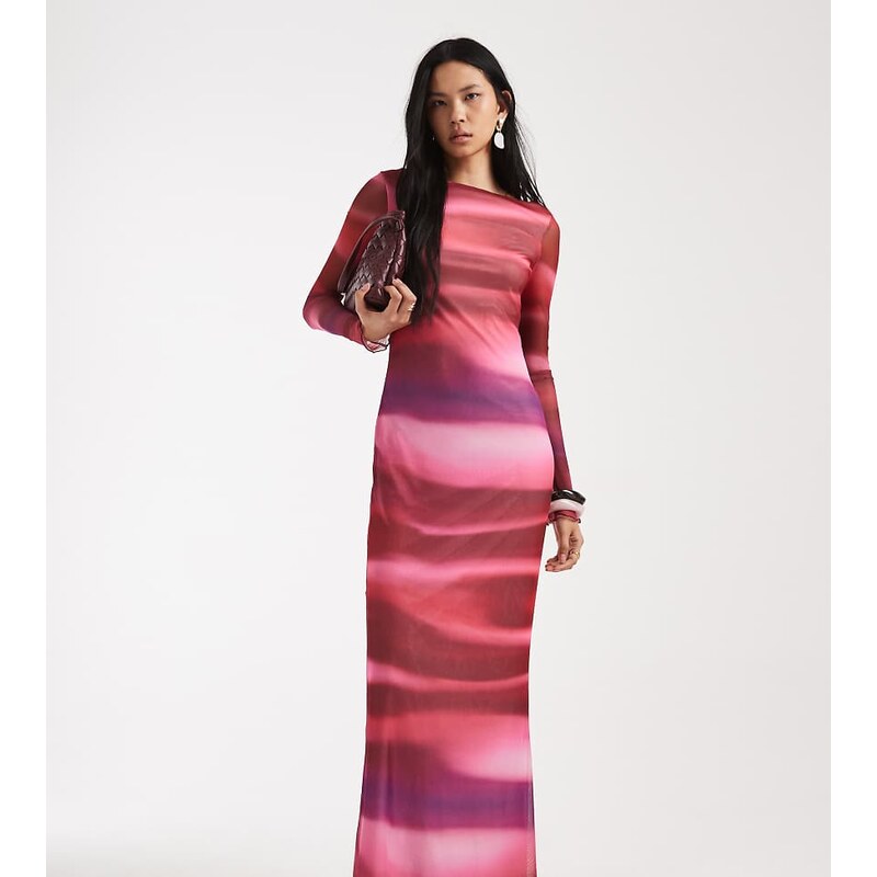 Vero Moda Tall long sleeve mesh maxi dress in pink abstract