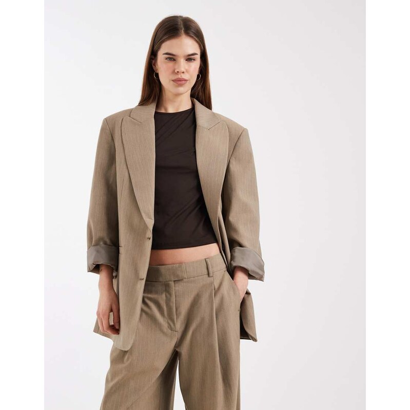 ASOS DESIGN oversized strong shoulder blazer in Taupe Stripe