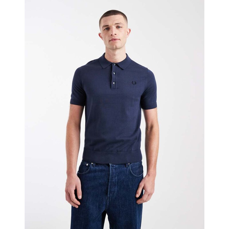 Fred Perry short sleeve knitted logo polo shirt in dark blue