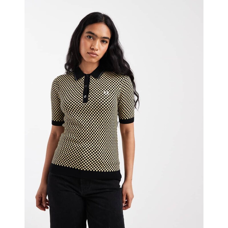 Fred Perry short sleeve chequerboard knitted logo shirt in black/gold 114154601