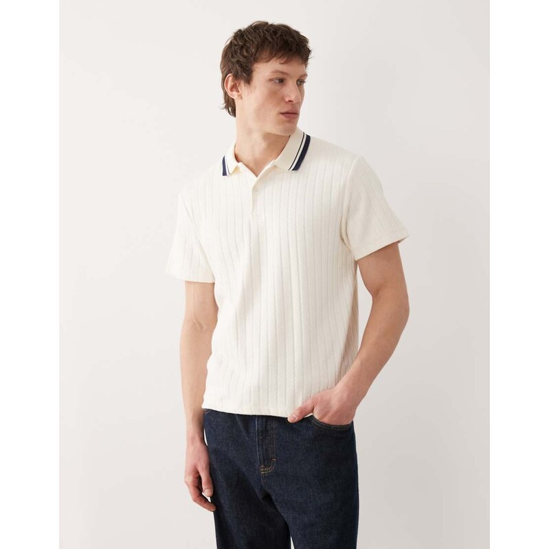 ASOS DESIGN polo with tipped collar in beige knitted rib-White