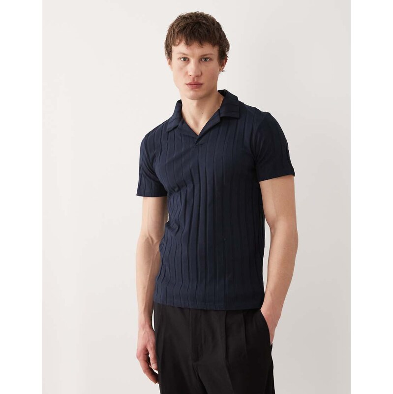 ASOS DESIGN slim revere polo in navy wide rib