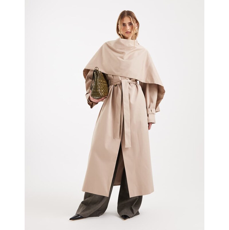 ASOS DESIGN scarf detail trench coat in stone-Neutral 113297319