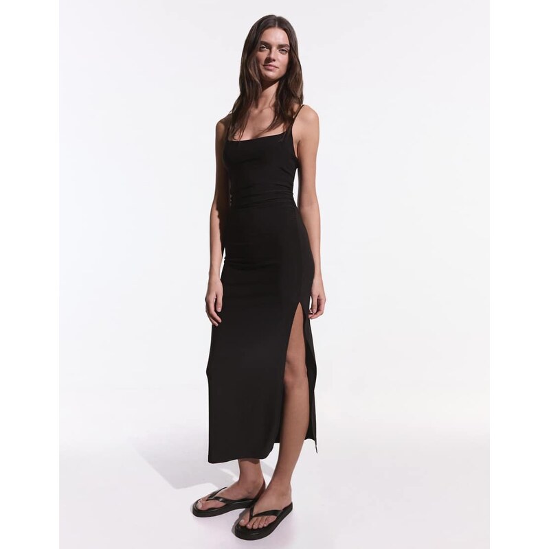 Bershka Gathered strap midi dress in black