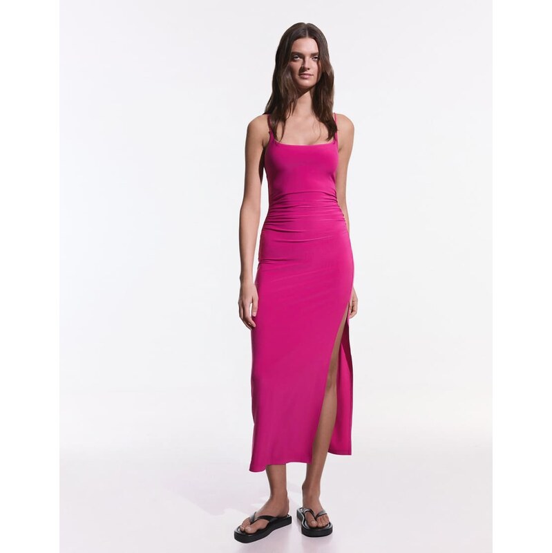 Bershka Gathered strap midi dress in pink bright