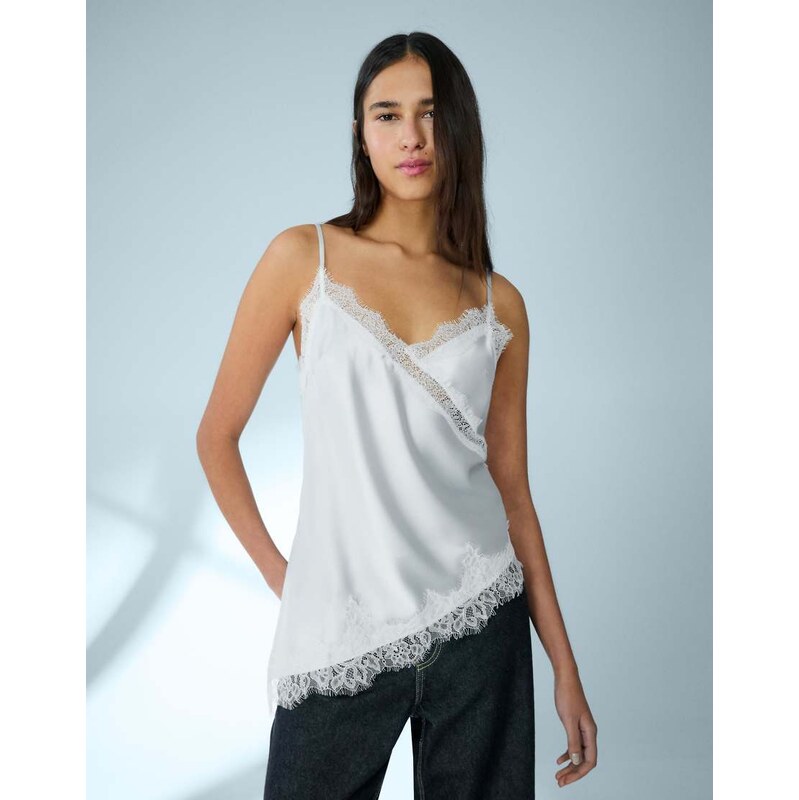 Bershka Asymmetric sateen strappy top in light blue