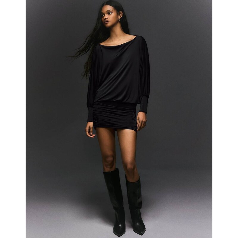 Bershka Asymmetric neck mini dress in black 113291219