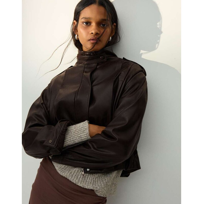 Bershka Pleated leather effect jacket in brown 113291215