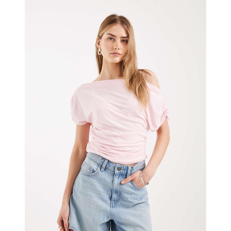 Miss Selfridge off shoulder top with ruched sides in pink