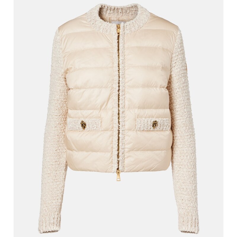 Moncler Down-paneled bouclÃ-trimmed zip-up cardigan