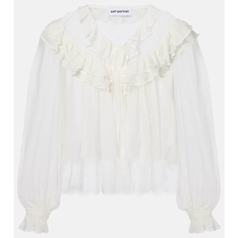 Self-Portrait Gathered georgette and lace blouse