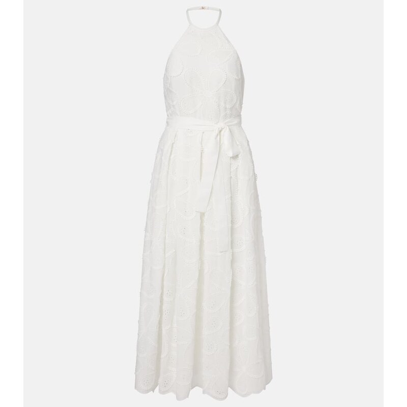 Elie Saab Embroidered belted cotton-blend midi dress