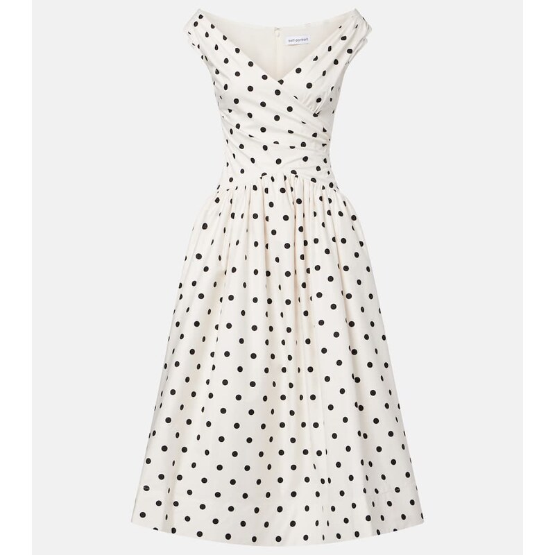 Self-Portrait Polka-dot off-shoulder cotton midi dress