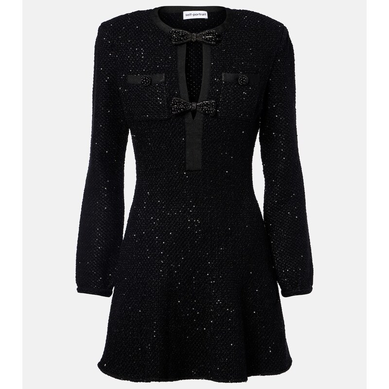 Self-Portrait Bow-detail sequined knitted minidress