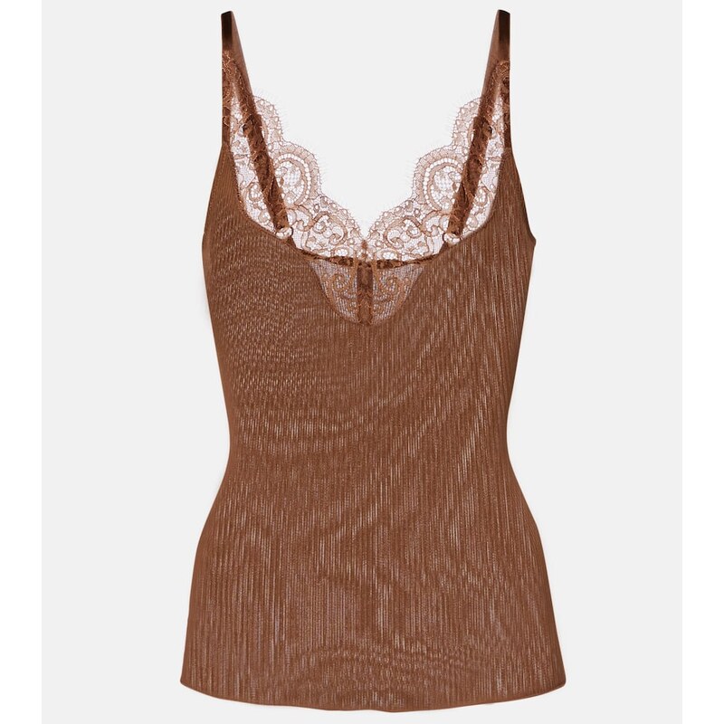 Saint Laurent Lace-trimmed ribbed-knit silk tank top