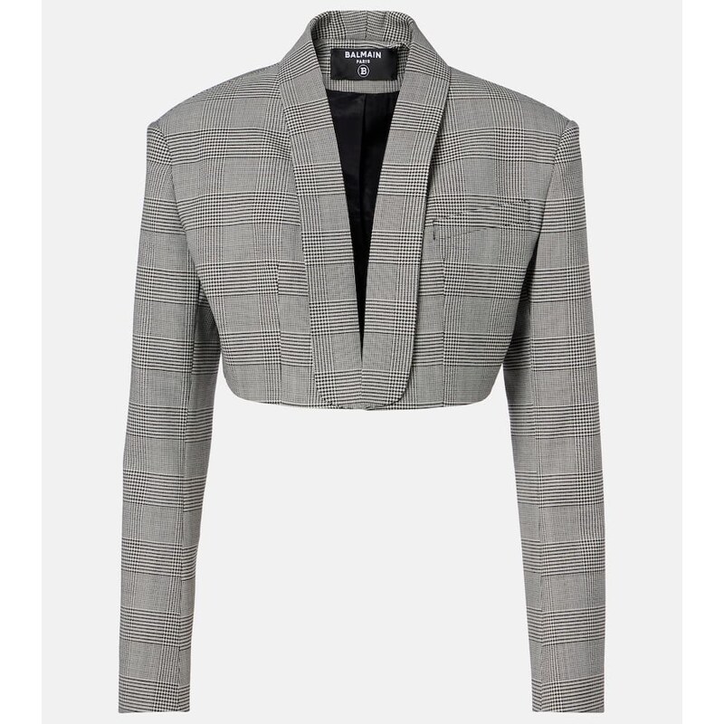 Balmain Houndstooth cropped wool-blend blejzer v barvě Eab Noir/Blanc