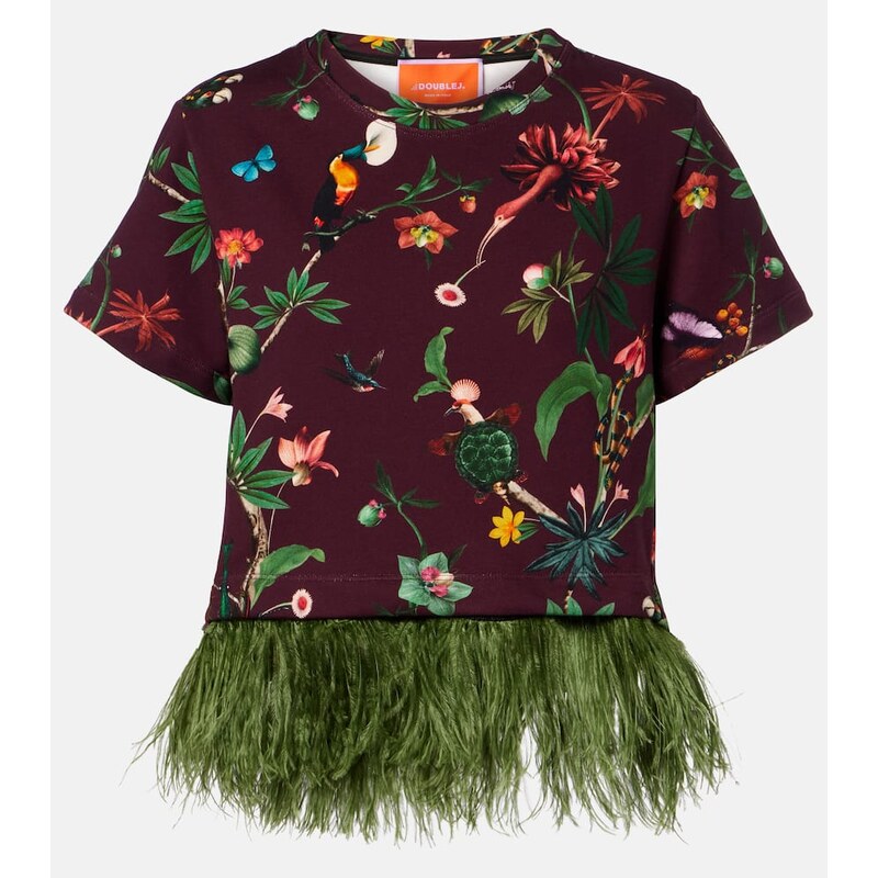 La DoubleJ La Scala feather-trimmed printed cotton T-shirt