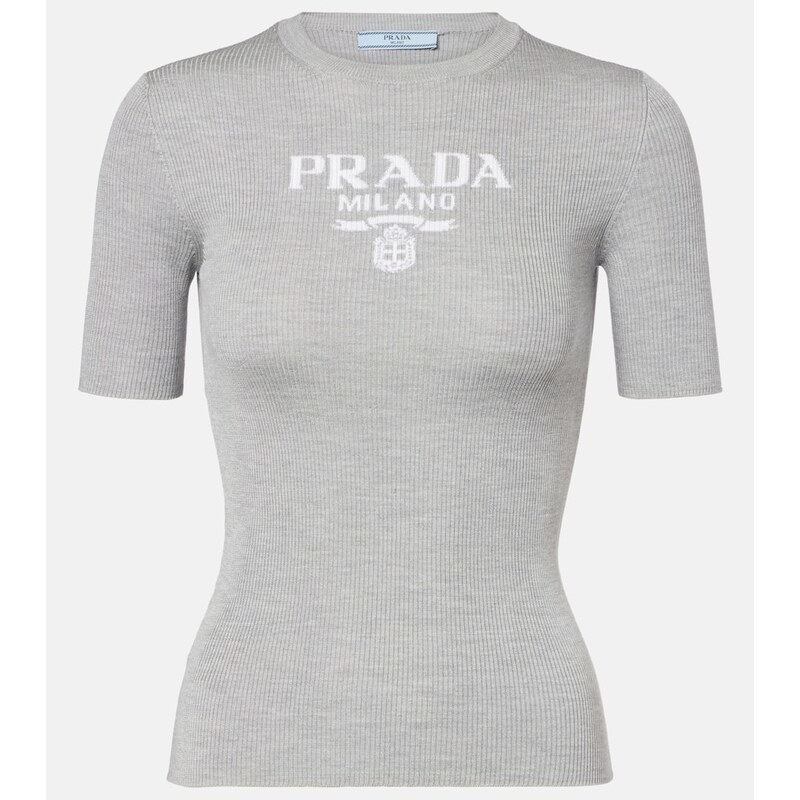 Prada Logo ribbed-trim silk T-shirt