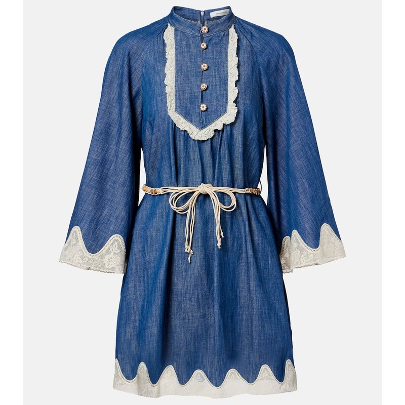Zimmermann Awaken belted lace-trimmed denim minidress