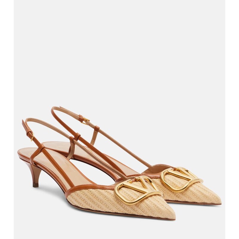 Valentino Garavani VLogo leather-trimmed raffia slingback pumps