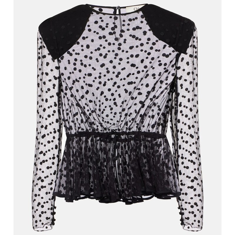 Chloé Polka-dot peplum cotton-blend tulle top