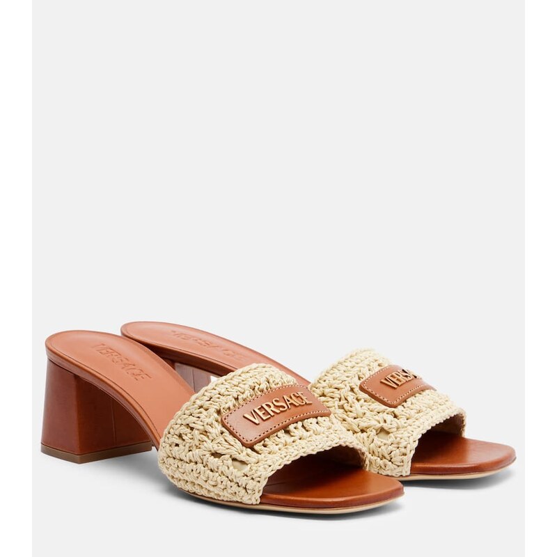 Versace Logo raffia and leather mules