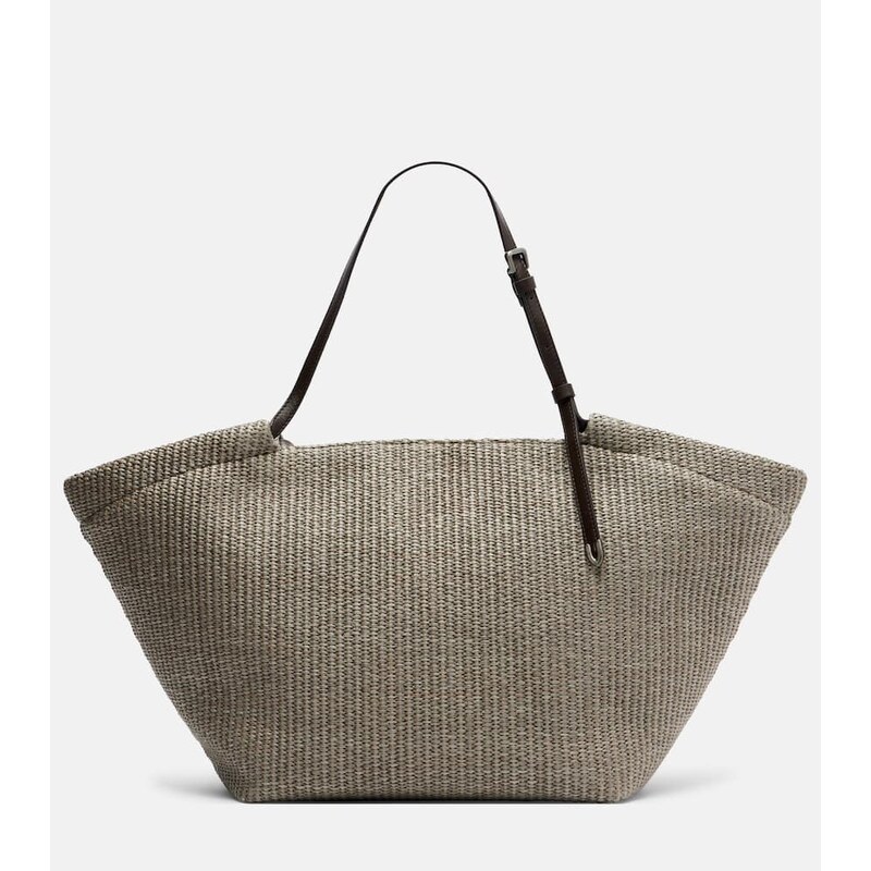 Brunello Cucinelli Leather-trimmed raffia tote bag