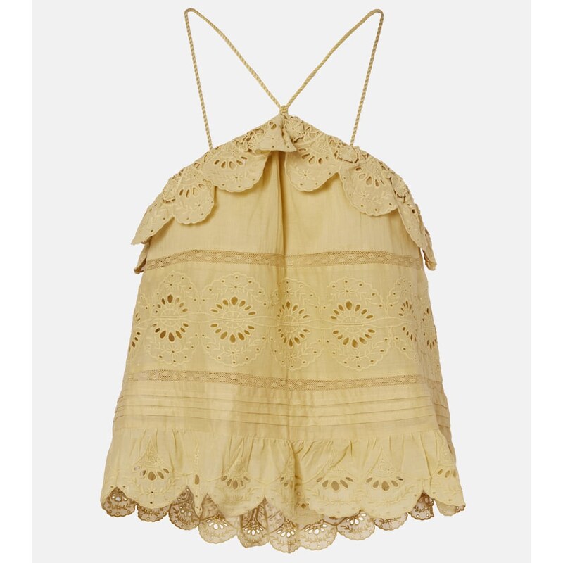 Marant Etoile Embroidered ruffled halterneck cotton top