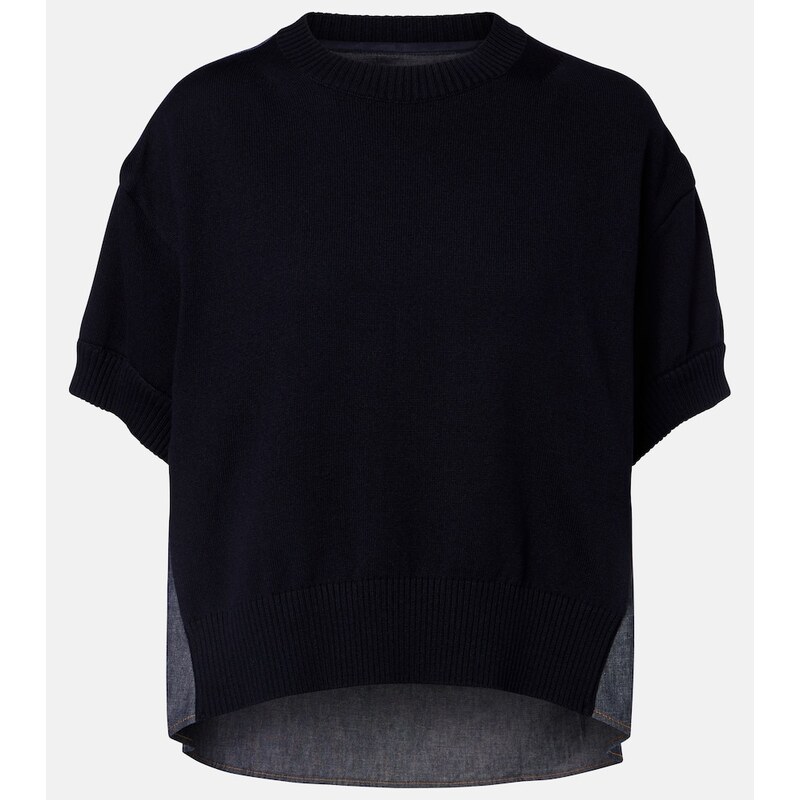 Dámský Sacai Cotton-blend top v modré odstíně s ribovanými rukávy