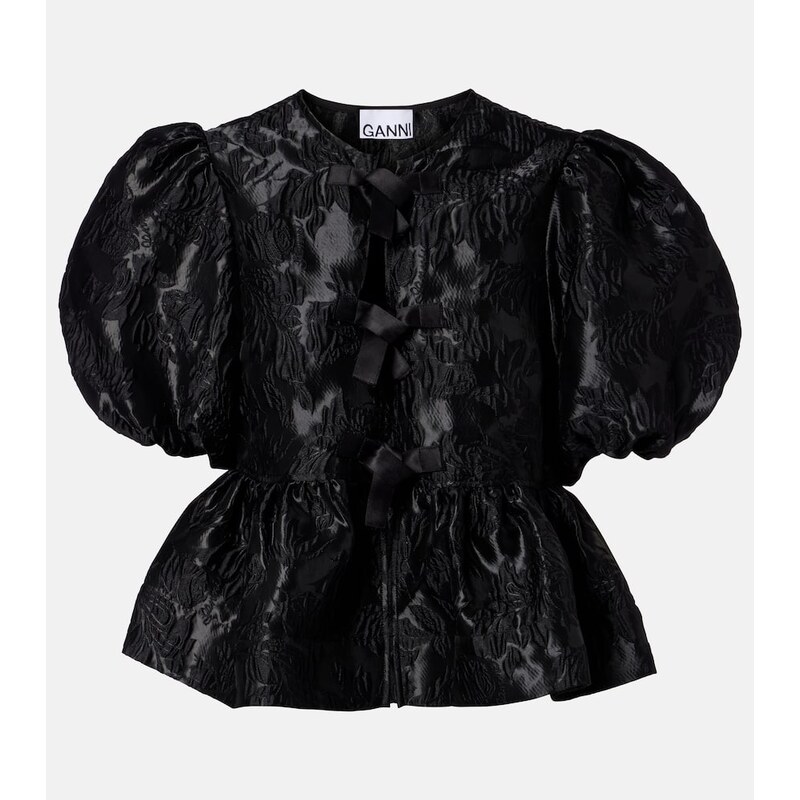 Ganni Bow-detail floral peplum satin blouse
