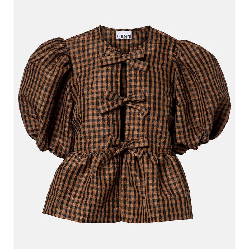 Ganni Bow-detail checked peplum blouse