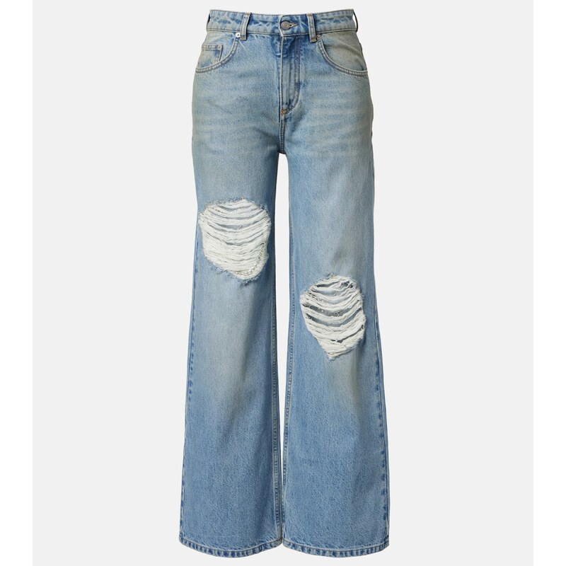 Area Distressed embellished wide-leg jeans