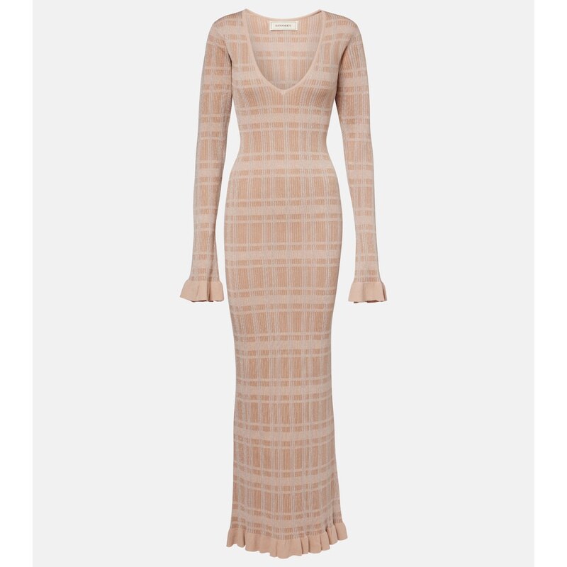 Bananhot Ether checked ribbed-knit ruffled maxi dress