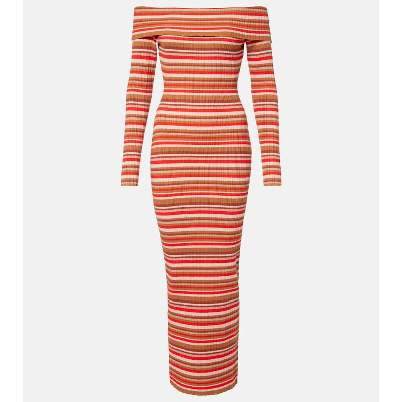 Bananhot Bonnie ribbed-knit striped off-shoulder maxi dress