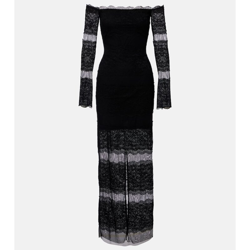 Blumarine Off-shoulder lace tulle maxi dress