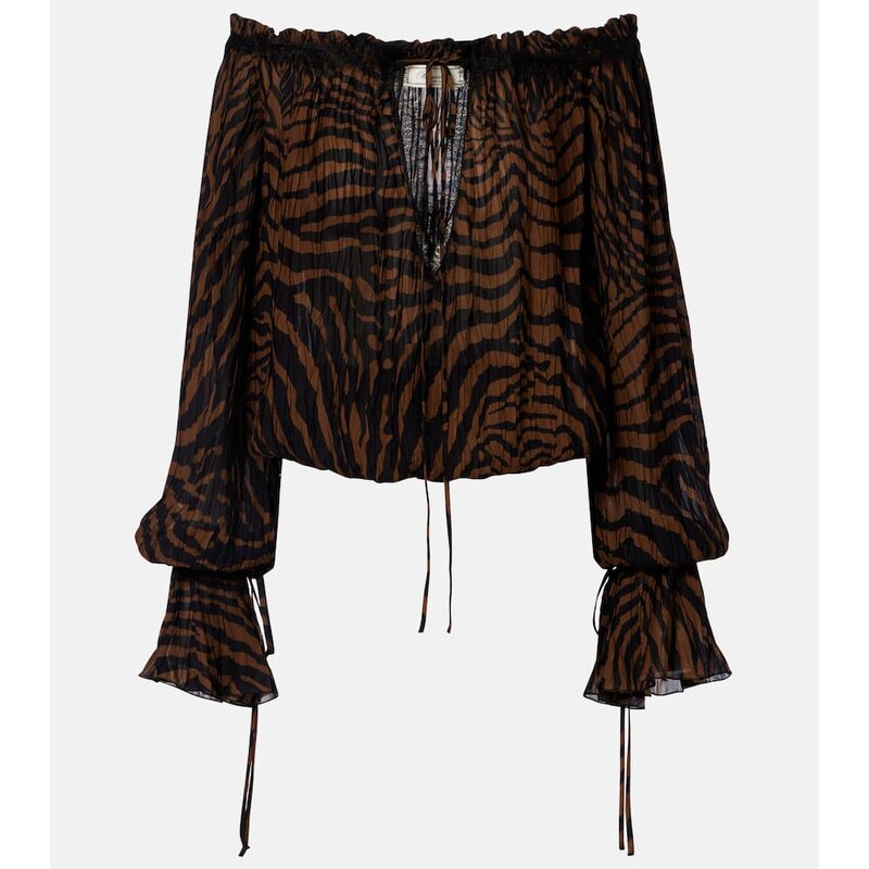 Blumarine Lace-trimmed zebra-print chiffon top