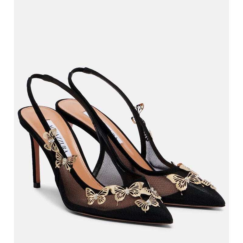 Aquazzura Papillon embellished mesh slingback pumps